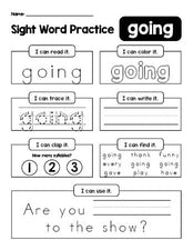 Free printable first grade sight word worksheet, beginner sight word for 1st graders and high frequency word 'going', practice sheet includes 6 sight word activities and 1 sight word sentence, Dolch, PDF