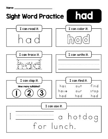 Free printable first grade sight word worksheet, beginner sight word for 1st graders and high frequency word 'had', practice sheet includes 6 sight word activities and 1 sight word sentence, first 100 fry sight words, Dolch, PDF