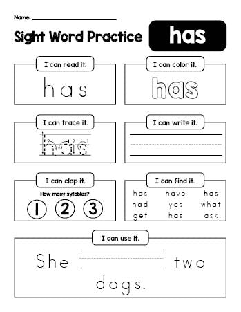 Free printable first grade sight word worksheet, beginner sight word for 1st graders and high frequency word 'has', practice sheet includes 6 sight word activities and 1 sight word sentence, first 100 fry sight words, Dolch, PDF