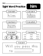 Free printable first grade sight word worksheet, beginner sight word for 1st graders and high frequency word 'him', practice sheet includes 6 sight word activities and 1 sight word sentence, first 100 fry sight words, Dolch, PDF