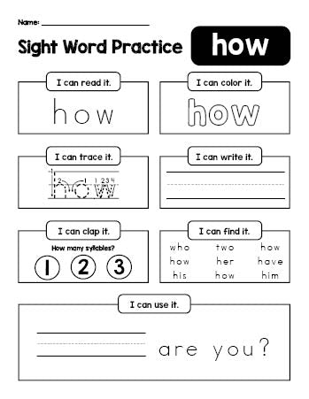 Free printable first grade sight word worksheet, beginner sight word for 1st graders and high frequency word 'how', practice sheet includes 6 sight word activities and 1 sight word sentence, first 100 fry sight words, Dolch, PDF