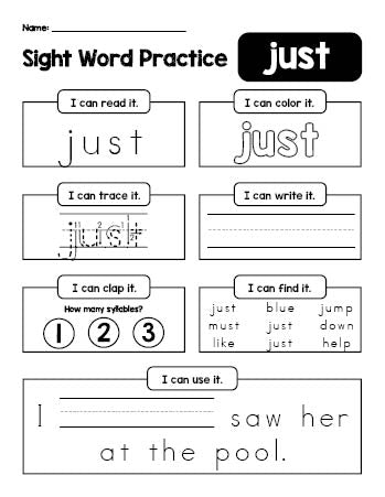 Free printable first grade sight word worksheet, beginner sight word for 1st graders and high frequency word 'just', practice sheet includes 6 sight word activities and 1 sight word sentence, second 100 fry sight words, Dolch, PDF