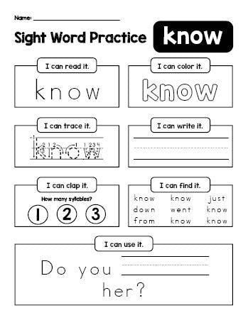 Free printable first grade sight word worksheet, beginner sight word for 1st graders and high frequency word 'know', practice sheet includes 6 sight word activities and 1 sight word sentence, second 100 fry sight words, Dolch, PDF