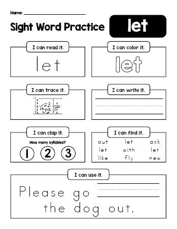 Free printable first grade sight word worksheet, beginner sight word for 1st graders and high frequency word 'let', practice sheet includes 6 sight word activities and 1 sight word sentence, third 100 fry sight words, Dolch, PDF