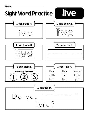 Free printable first grade sight word worksheet, beginner sight word for 1st graders and high frequency word 'live', practice sheet includes 6 sight word activities and 1 sight word sentence, second 100 fry sight words, Dolch, PDF