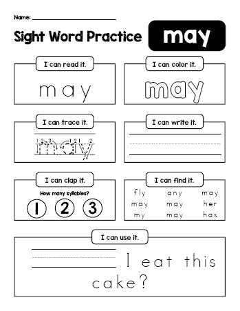 Free printable first grade sight word worksheet, beginner sight word for 1st graders and high frequency word 'may', practice sheet includes 6 sight word activities and 1 sight word sentence, first 100 fry sight words, Dolch, PDF