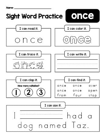 Free printable first grade sight word worksheet, beginner sight word for 1st graders and high frequency word 'once', practice sheet includes 6 sight word activities and 1 sight word sentence, third 100 fry sight words, Dolch, PDF