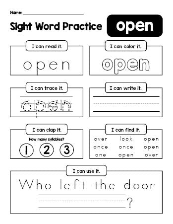 Free printable first grade sight word worksheet, beginner sight word for 1st graders and high frequency word 'open', practice sheet includes 6 sight word activities and 1 sight word sentence, third 100 fry sight words, Dolch, PDF