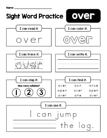 Free printable first grade sight word worksheet, beginner sight word for 1st graders and high frequency word 'over', practice sheet includes 6 sight word activities and 1 sight word sentence, second 100 fry sight words, Dolch, PDF