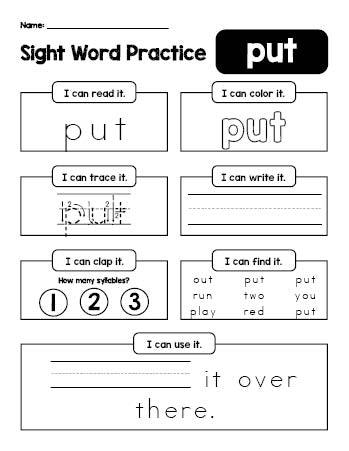 Free printable first grade sight word worksheet, beginner sight word for 1st graders and high frequency word 'put', practice sheet includes 6 sight word activities and 1 sight word sentence, second 100 fry sight words, Dolch, PDF