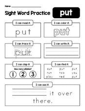 Free printable first grade sight word worksheet, beginner sight word for 1st graders and high frequency word 'put', practice sheet includes 6 sight word activities and 1 sight word sentence, second 100 fry sight words, Dolch, PDF