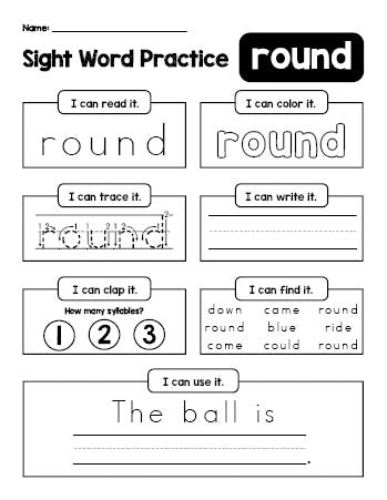 Free printable first grade sight word worksheet, beginner sight word for 1st graders and high frequency word 'round', practice sheet includes 6 sight word activities and 1 sight word sentence, fifth 100 fry sight words, Dolch, PDF