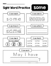 Free printable first grade sight word worksheet, beginner sight word for 1st graders and high frequency word 'some', practice sheet includes 6 sight word activities and 1 sight word sentence, first 100 fry sight words, Dolch, PDF