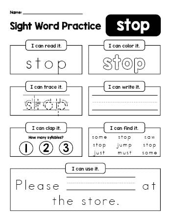 Free printable first grade sight word worksheet, beginner sight word for 1st graders and high frequency word 'stop', practice sheet includes 6 sight word activities and 1 sight word sentence, third 100 fry sight words, Dolch, PDF