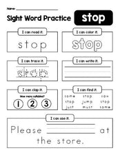 Free printable first grade sight word worksheet, beginner sight word for 1st graders and high frequency word 'stop', practice sheet includes 6 sight word activities and 1 sight word sentence, third 100 fry sight words, Dolch, PDF