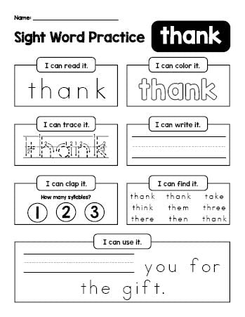 Free printable first grade sight word worksheet, beginner sight word for 1st graders and high frequency word 'thank', practice sheet includes 6 sight word activities and 1 sight word sentence, Dolch, PDF