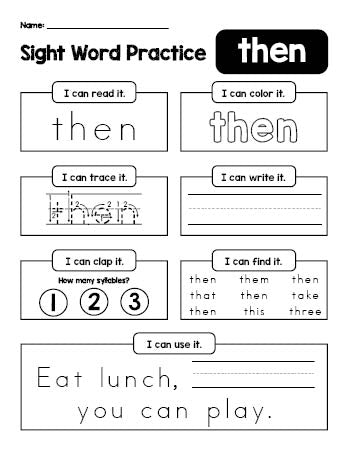 Free printable first grade sight word worksheet, beginner sight word for 1st graders and high frequency word 'then', practice sheet includes 6 sight word activities and 1 sight word sentence, first 100 fry sight words, Dolch, PDF