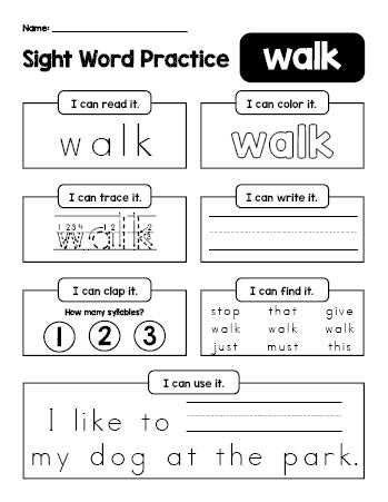 Free printable first grade sight word worksheet, beginner sight word for 1st graders and high frequency word 'walk', practice sheet includes 6 sight word activities and 1 sight word sentence, third 100 fry sight words, Dolch, PDF