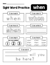 Free printable first grade sight word worksheet, beginner sight word for 1st graders and high frequency word 'when', practice sheet includes 6 sight word activities and 1 sight word sentence, first 100 fry sight words, Dolch, PDF