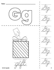 Free printable gift Christmas coloring page and cursive letter tracing worksheet, letter g worksheet for preschool, pre-k, and kindergarten