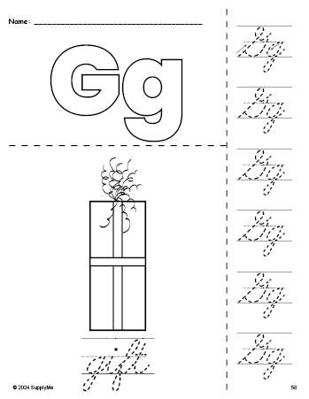 Free printable gift Christmas coloring page and cursive letter tracing worksheet, letter g worksheet for preschool, pre-k, and kindergarten