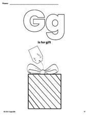 Free printable gift Christmas coloring page, letter g coloring page for preschool, pre-k, and kindergarten