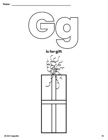 Free printable gift Christmas coloring page, letter g coloring page for preschool, pre-k, and kindergarten