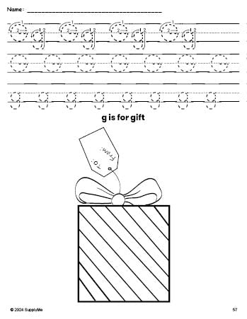 Free printable gift Christmas coloring page, letter g tracing worksheet for preschool, pre-k, and kindergarten