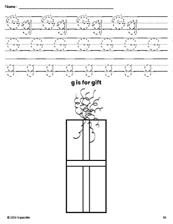 Free printable gift Christmas coloring page, letter g tracing worksheet for preschool, pre-k, and kindergarten