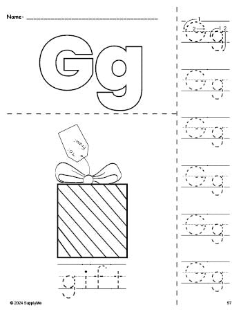 Free printable gift Christmas coloring page and letter tracing worksheet, letter g worksheet for preschool, pre-k, and kindergarten