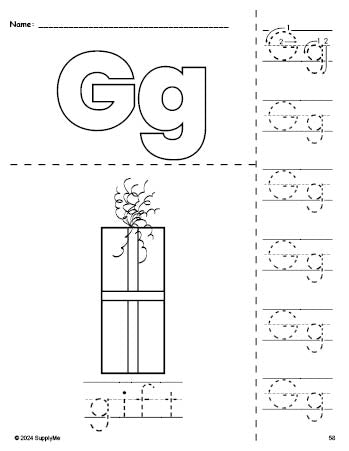 Free printable gift Christmas coloring page and letter tracing worksheet, letter g worksheet for preschool, pre-k, and kindergarten