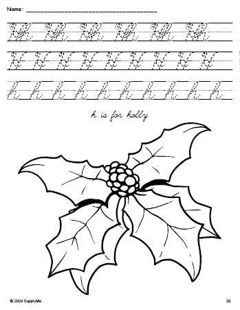 Free printable holly Christmas coloring page, cursive letter tracing worksheet, letter h worksheet for preschool, pre-k, and kindergarten