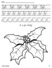 Free printable holly Christmas coloring page, cursive letter tracing worksheet, letter h worksheet for preschool, pre-k, and kindergarten