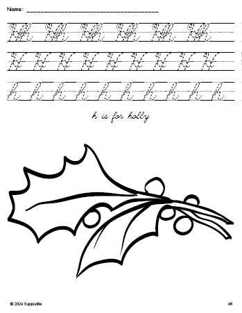 Free printable holly Christmas coloring page, cursive letter tracing worksheet, letter h worksheet for preschool, pre-k, and kindergarten