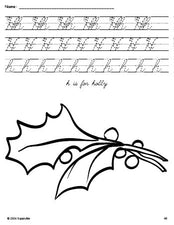 Free printable holly Christmas coloring page, cursive letter tracing worksheet, letter h worksheet for preschool, pre-k, and kindergarten