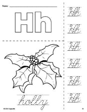 Free printable holly Christmas coloring page and cursive letter tracing worksheet, letter h worksheet for preschool, pre-k, and kindergarten