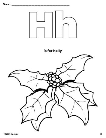 Free printable holly Christmas coloring page, letter h coloring page for preschool, pre-k, and kindergarten