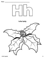 Free printable holly Christmas coloring page, letter h coloring page for preschool, pre-k, and kindergarten