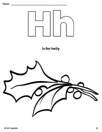 Free printable holly Christmas coloring page, letter h coloring page for preschool, pre-k, and kindergarten