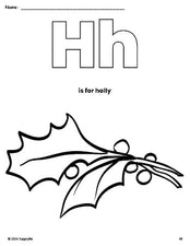 Free printable holly Christmas coloring page, letter h coloring page for preschool, pre-k, and kindergarten