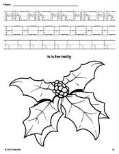 Free printable holly Christmas coloring page, letter h tracing worksheet for preschool, pre-k, and kindergarten