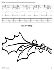 Free printable holly Christmas coloring page, letter h tracing worksheet for preschool, pre-k, and kindergarten