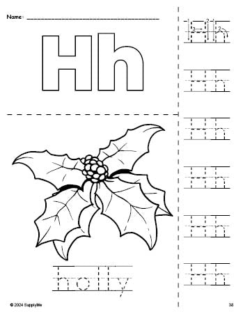 Free printable holly Christmas coloring page and letter tracing worksheet, letter h worksheet for preschool, pre-k, and kindergarten