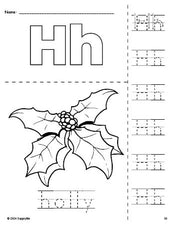 Free printable holly Christmas coloring page and letter tracing worksheet, letter h worksheet for preschool, pre-k, and kindergarten