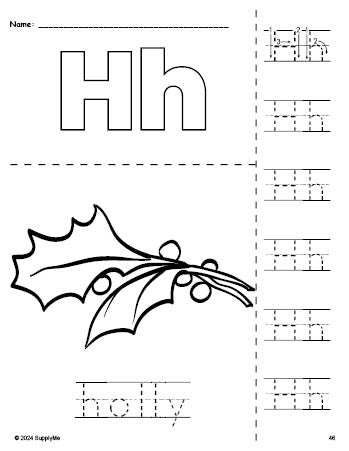 Free printable holly Christmas coloring page and letter tracing worksheet, letter h worksheet for preschool, pre-k, and kindergarten