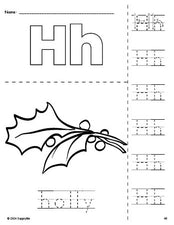 Free printable holly Christmas coloring page and letter tracing worksheet, letter h worksheet for preschool, pre-k, and kindergarten