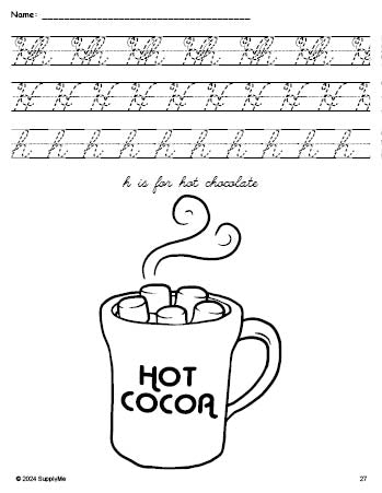 Free printable hot chocolate winter coloring page, cursive letter tracing worksheet, letter h worksheet for preschool, pre-k, and kindergarten