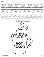 Free printable hot chocolate winter coloring page, cursive letter tracing worksheet, letter h worksheet for preschool, pre-k, and kindergarten