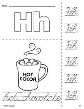 Free printable hot chocolate winter coloring page and cursive letter tracing worksheet, letter h worksheet for preschool, pre-k, and kindergarten