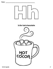 Free printable hot chocolate winter coloring page, letter h coloring page for preschool, pre-k, and kindergarten